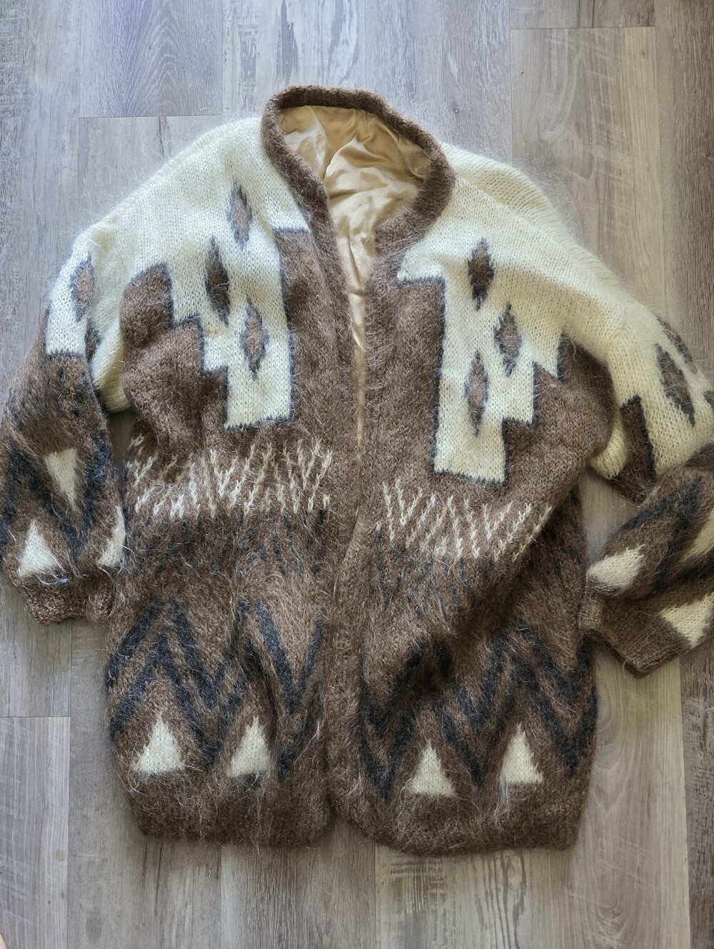 Vintage Western Angora Long Hair Brown White And Black Cardigan Size L
